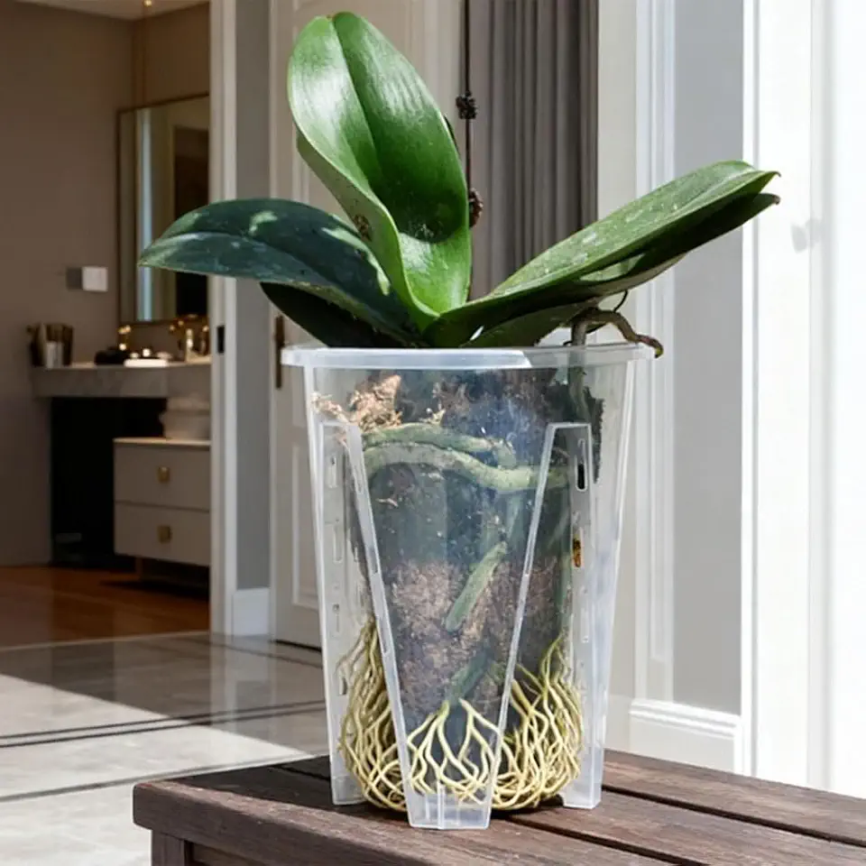 1 vaso de flores transparente com controle de raízes com orifícios de drenagem, Phalaenopsis, suculentas, jardim, plástico, respirável, raiz, plantador ranhurado (grande, 16 x 13,8 cm)