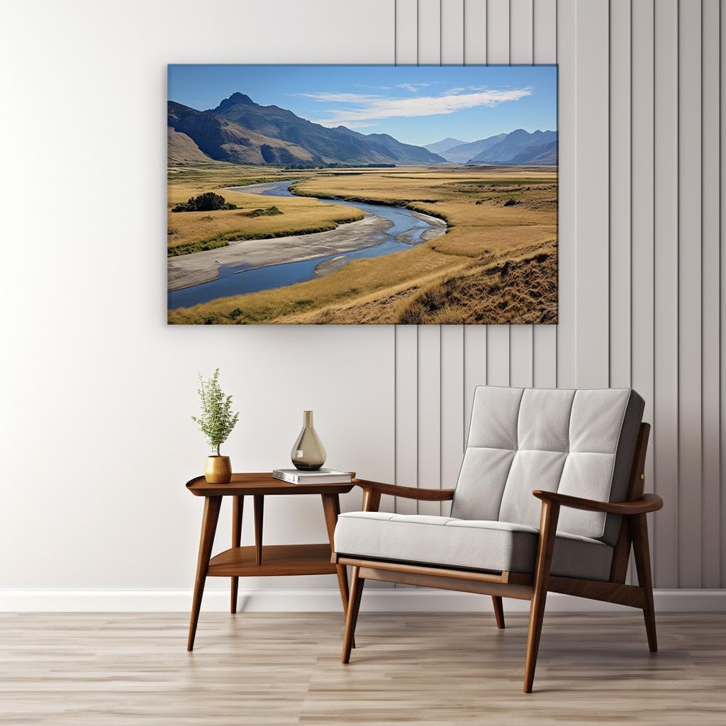Canvas for Living room. Whispering Rivers and Golden Grasslands: A Serene Mountain Vista Unveiled, 27 x 18 inch Canvas Wall Art - Surrealistic Visions - Modern Home Decor