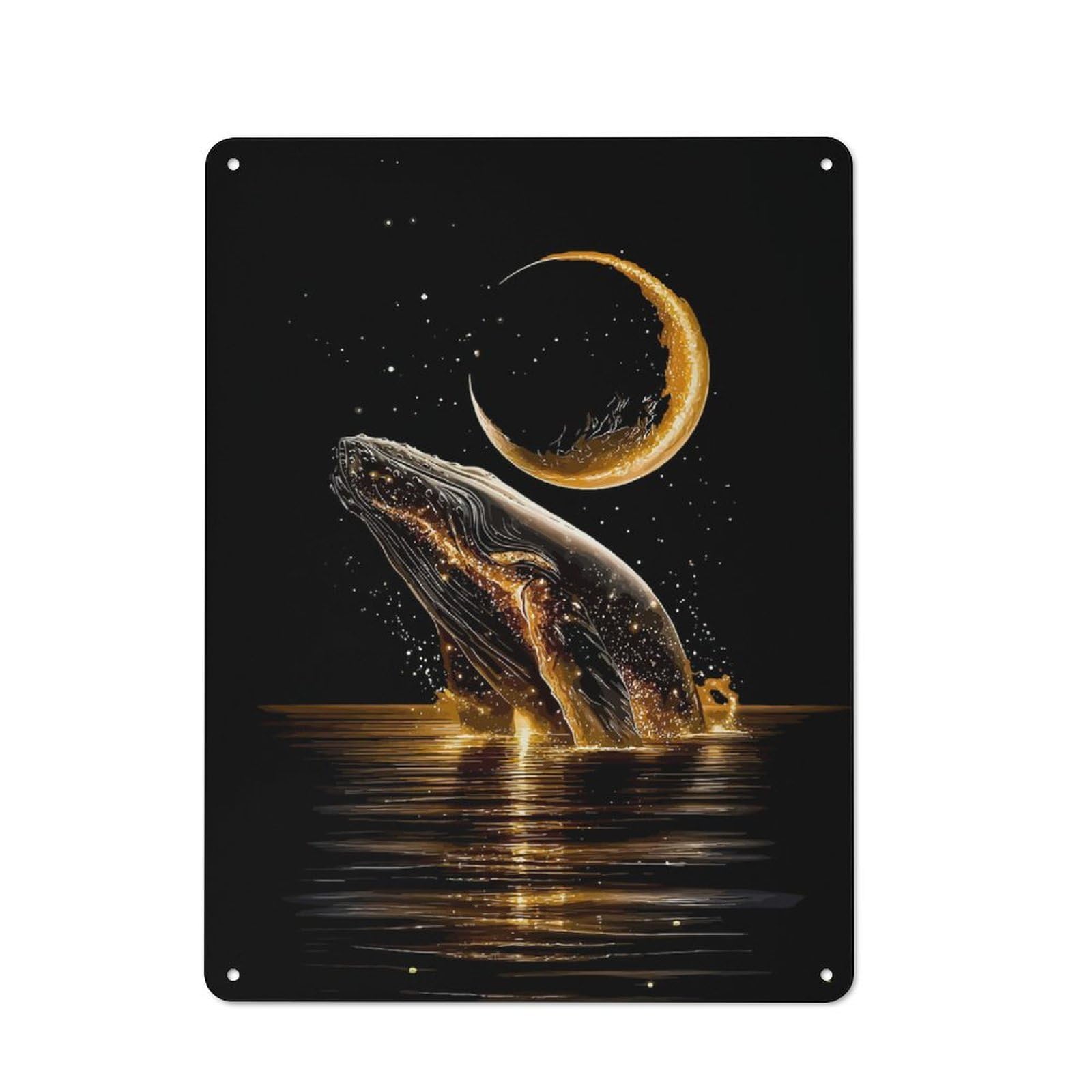 Junmoney Golden Whale Leaping Under Crescent Moon Country Style Metal Wall Decor 40X30cm, Decorative Metal Sign For Kitchen, Cafe, Pantry Or Dining Room