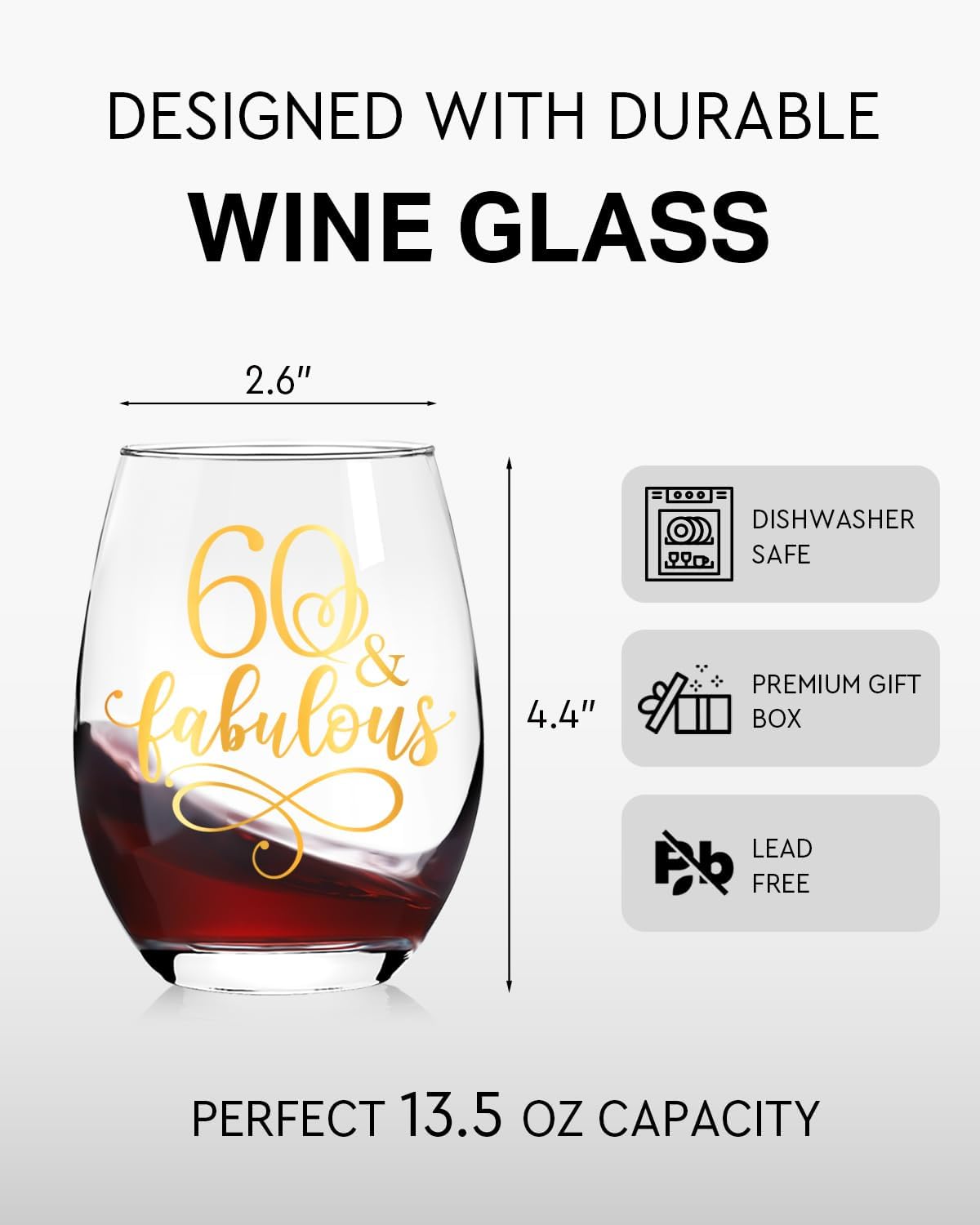 Novelty Golden 60th Birthday Gifts for Women,Mom,Wife,Friends,Sister,60 and Fabulous Stemless Wine Glass,Happy Birthday Party Favor Supplies,60 Year Old Gift from Daughter Son - Image 2