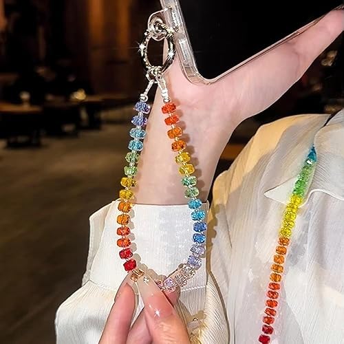 Colorful Crystal Beaded Phone Wrist Strap Rainbow Beaded Phone Chain Wristlet Keychain Wristlet Lanyard Sparkling Crystal Beads Camera Wrist Strap Bag Charms Cellphone Lanyard Keychain Accessories