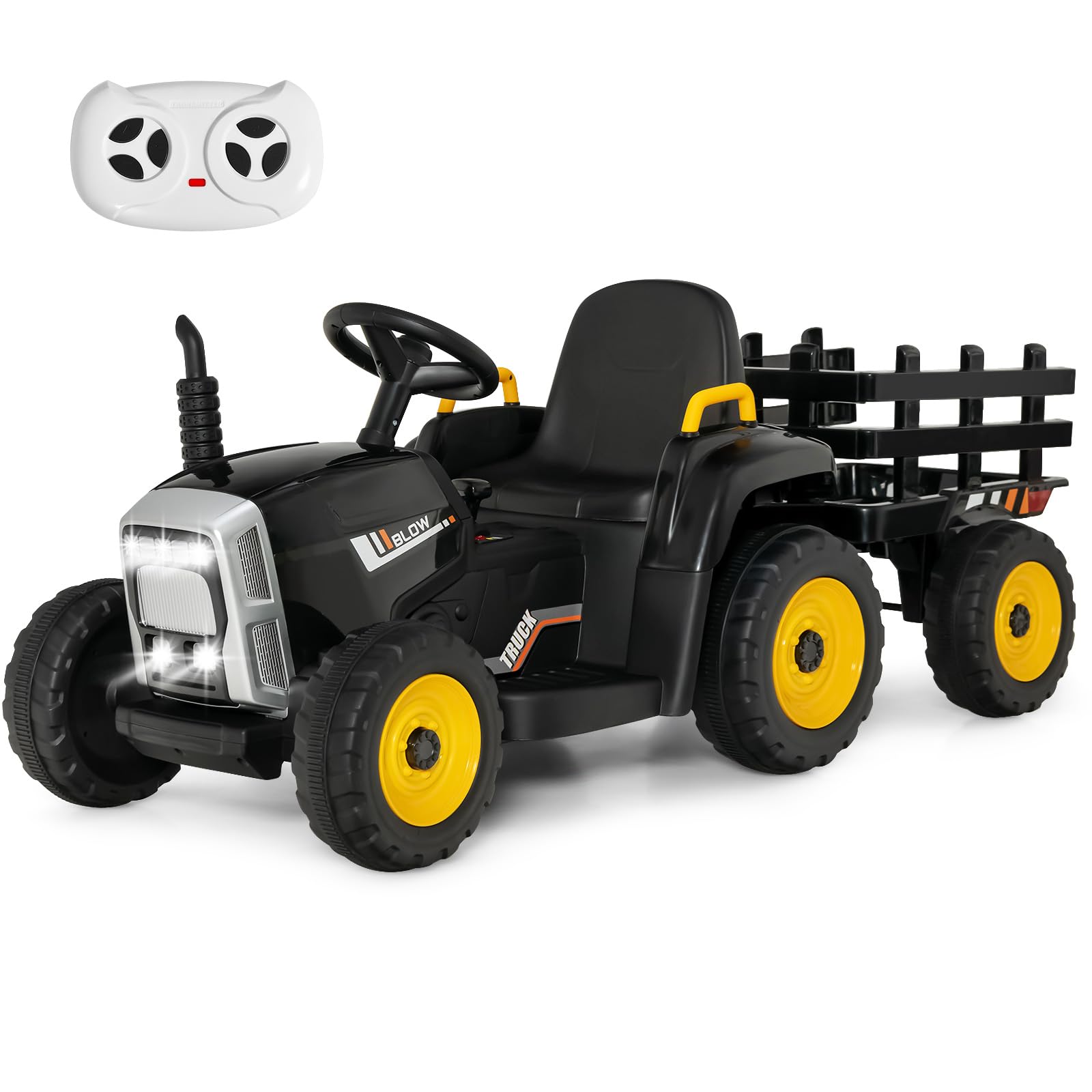 RELAX4LIFE Trattore Macchina Elettrica per Bambini 12V a 3 Marce con Rimorchio Staccabile e Telecomando 2,4G, Luci LED, Musica, Clacson e Funzione USB, per Bambini 3-8 Anni