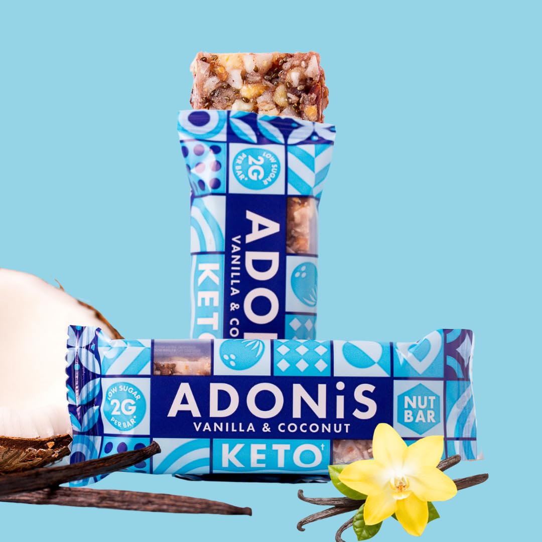 Adonis Keto Riegel Vanille- & Kokosnuss | 16x 35g | Keto Snacks | Vegan & 100% natürlich | Low Carb Bar und Low Sugar Snack | Perfect Keto-Diät Bars | Glutenfrei, ohne Zuckerzusatz (Vanille & Kokos)