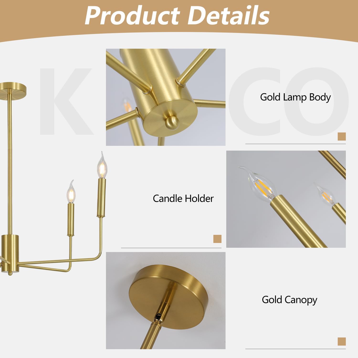 KCO Lighting 5 Light Industrial Candle Chandelier Ceiling Light Fixture Mid Century Modern Dining Room Chandelier Contemporary Brushed Gold Chandeliers for Living Room Foyer