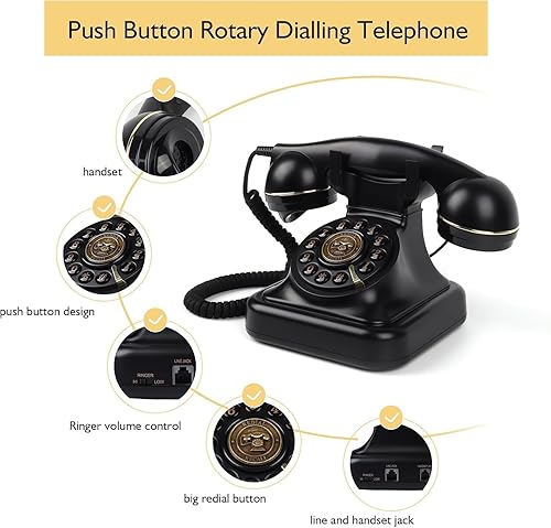 Miniatura 3 de Teléfono retro con cable, teléfonos de escritorio de oficina, teléfono fijo vintage, teléfono analógico clásico con botón de pulsador con función de