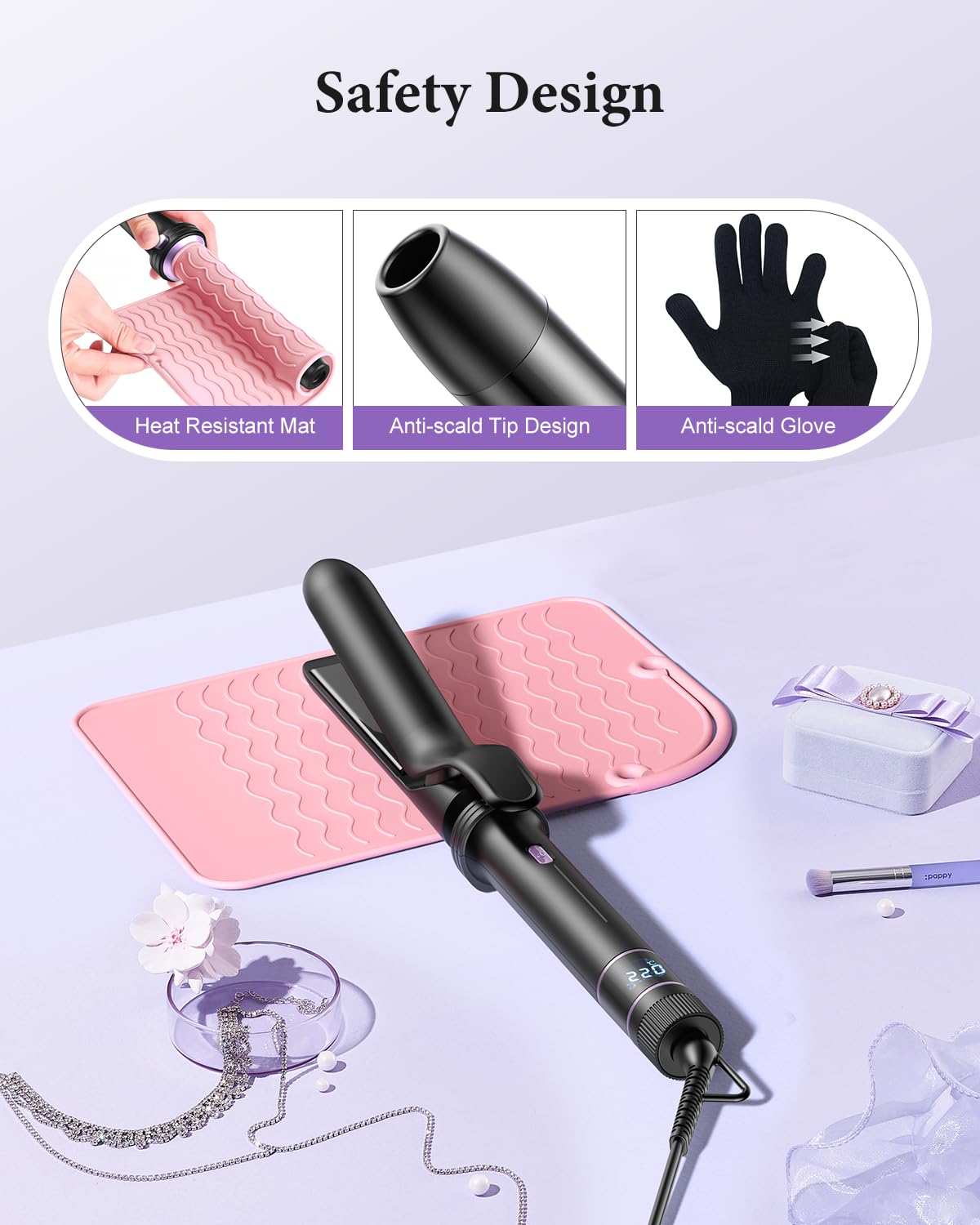 BESTOPE PRO Lockenstab, 5 in 1 Lockenstäbe Set mit Glätteisen, Thermobürste, 3 Keramische Lockeneisen (9mm- 25mm) für Große Locken, 13 Temperaturen, Hair Curler mit Hitzebest.Matte, Handschuh, Schwarz