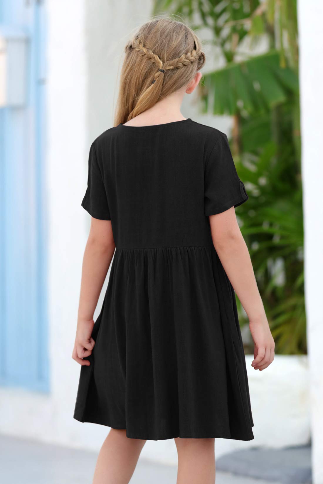 GORLYA Girl's Short Sleeve Button Up Pleated Waist Loose Casual Linen Midi Dress with Pockets for 4-12 Years Kids