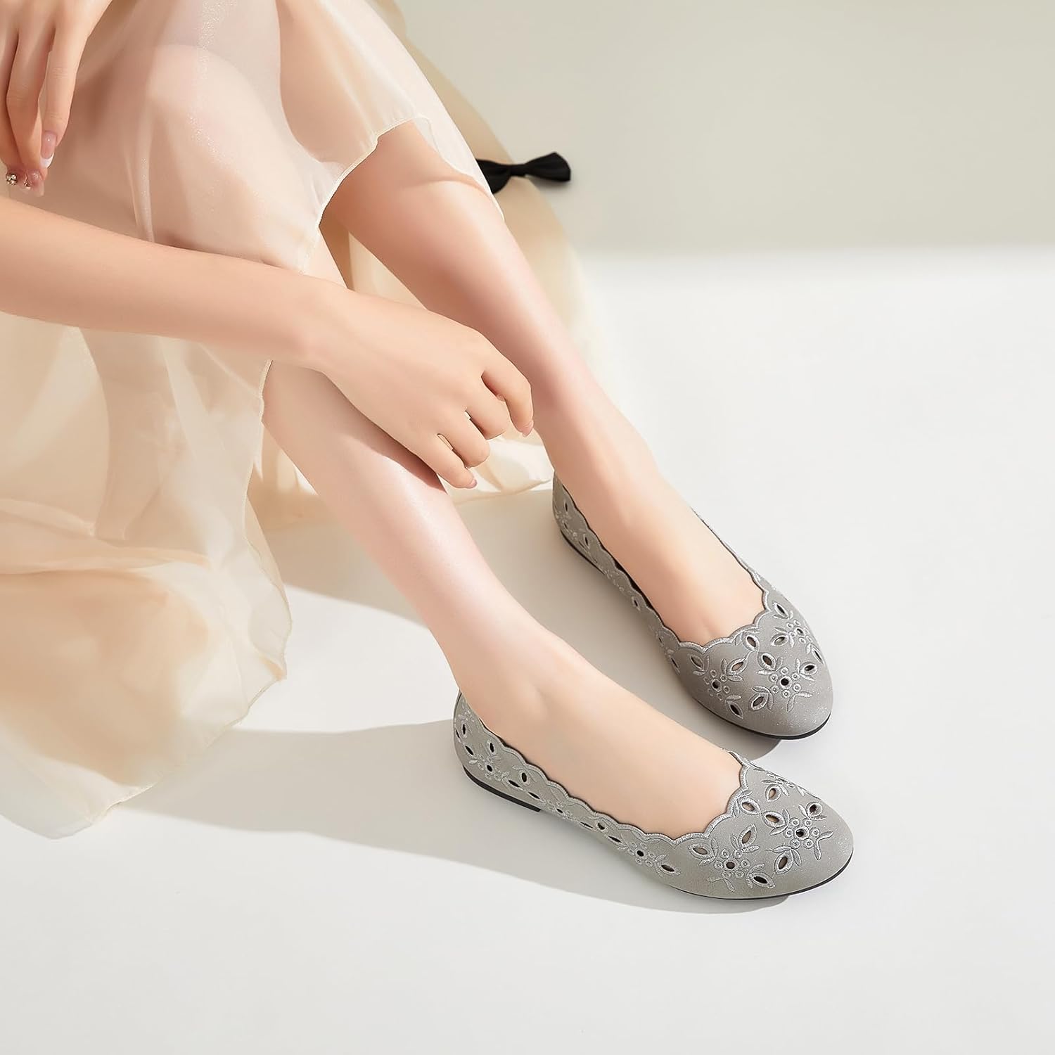 Shupua Women's Comfortable Dress Shoes Ballet Flats Slip On Shoes Black Flats Round Toe PU Leather Flats Summer with Floral Eyelets - Image 9