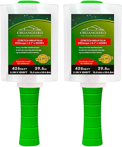 Paquete de 2 mini películas elásticas industriales transparentes calibre 80, 5.1 pulgadas, 1000 pies para envoltura de paletas con mango de