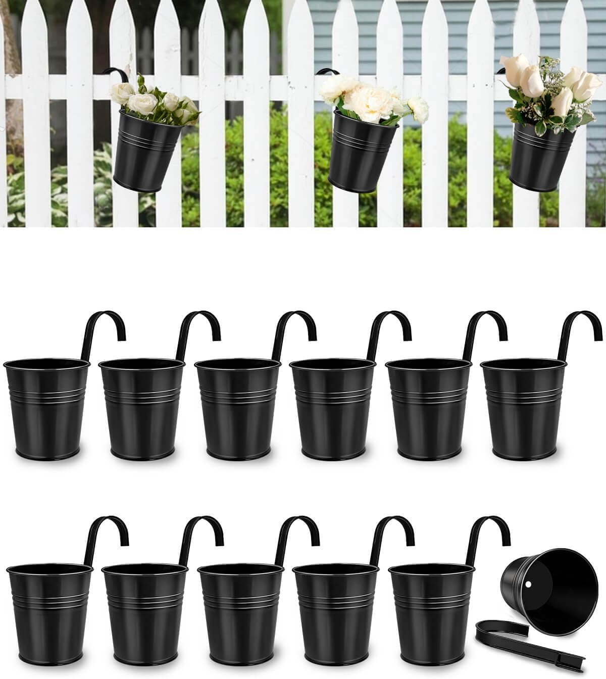 12 Pack Railing Planter for Outdoor Plants - 4 Inch Small Balcony Hanging Flower Pots with Detachable Hooks and Drain Holes Metal Oval Bucket Rail Box Fence Planters for Home Garden Decor, Black