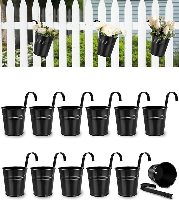 12 Pack Railing Planter for Outdoor Plants - 4 Inch Small Balcony Hanging Flower Pots with Detachable Hooks and Drain Holes Metal Oval Bucket Rail Box Fence Planters for Home Garden Decor, Black by vensovo - Used condition - US$19.91