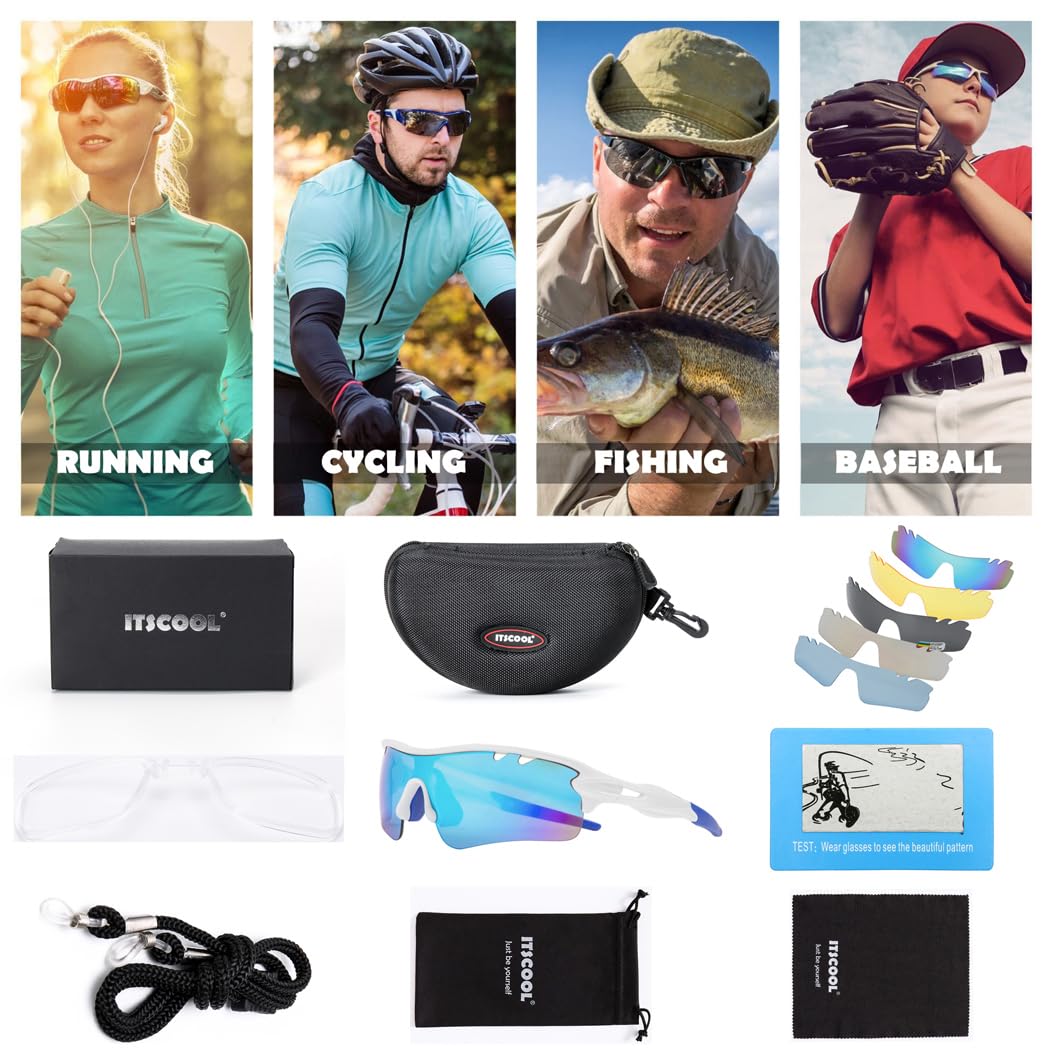 Itscool Occhiali da sole sportivi polarizzati per uomo e donna con 5 lenti intercambiabili per golf, baseball, corsa, ciclismo, occhiali bianchi e blu
