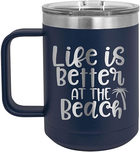 ONLYGIFTS.COM - Taza de café con tapa deslizante (13.0 fl oz), diseño con texto en inglés "Life is better at the beach", Marino