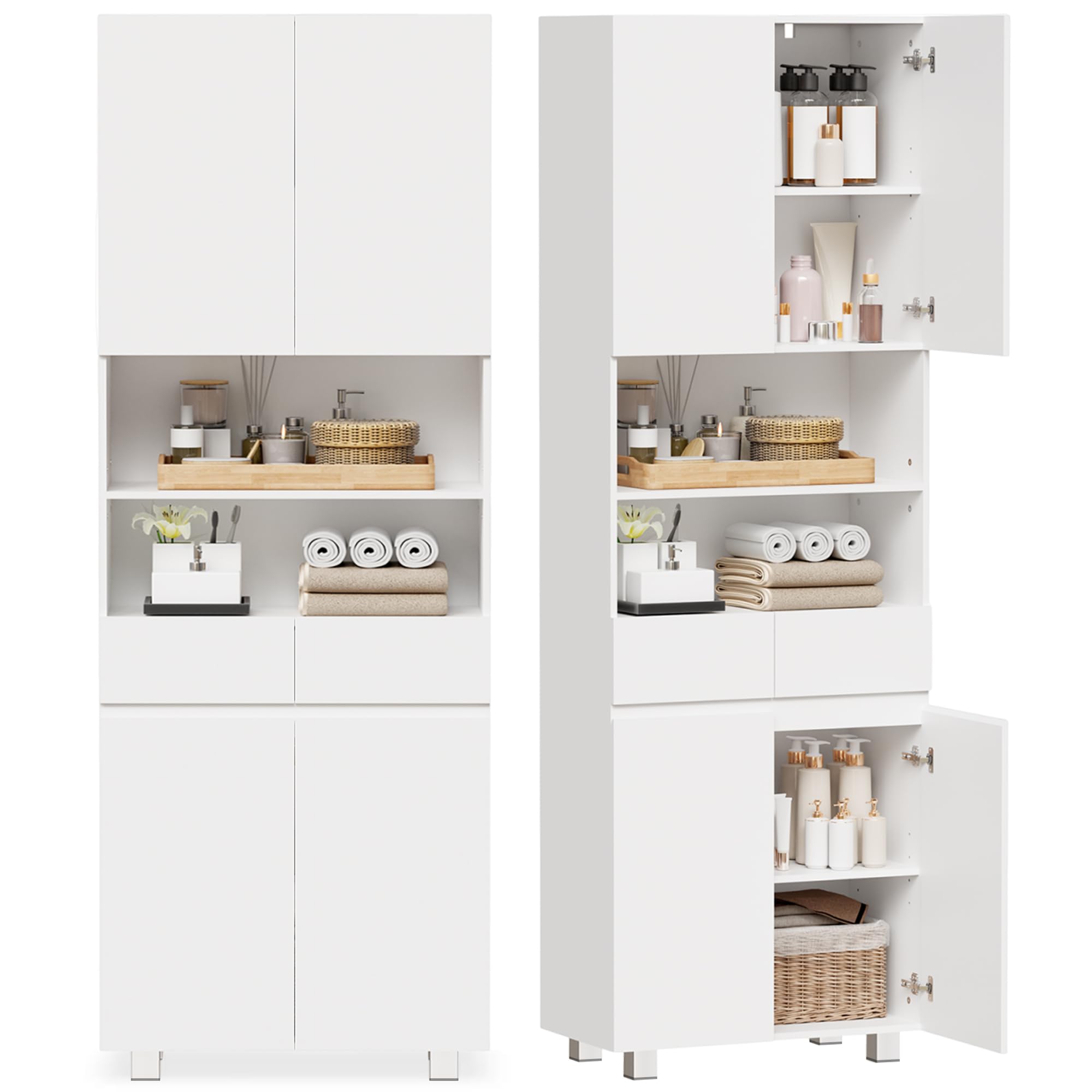 ANWBROAD Mobile Bagno Alto,Mobiletto Bagno Salvaspazio con 2 Cassetti | Mobiletto Portaoggetti con Spazio Aperto,Ripiani Regolabili,per Sala da Pranzo,Salotto,Soggiorno,30 x 60 x 180 cm,Bianco