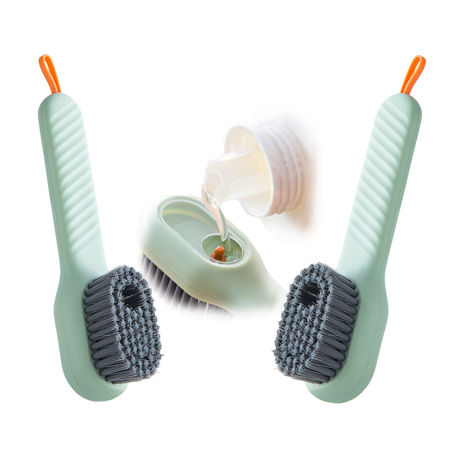 ZEARLY2Pcs Multifunctional Liquid Cleaning Brush, Press Type Automatic Liquid Adding Brush, Long Handle Liquid Soft Bristles Shoe Brush with Soap Dispenser for Clothes Shoes
