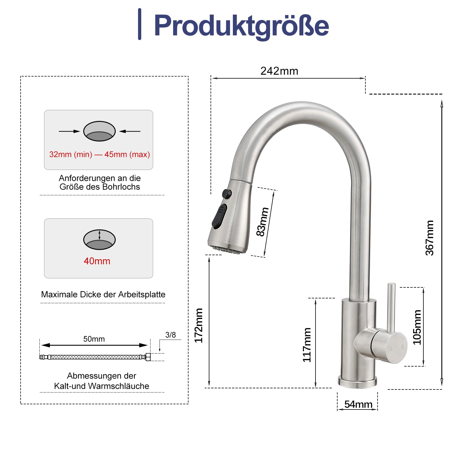 GENBONS Wasserhahn Küche, Edelstahl, Hochdruck Küchenarmatur mit Herausziehbarer Brause Ausziehbar Armatur, Mischbatterie Spültischarmatur, 360° Schwenkbar Zwei Sprühfunktionen