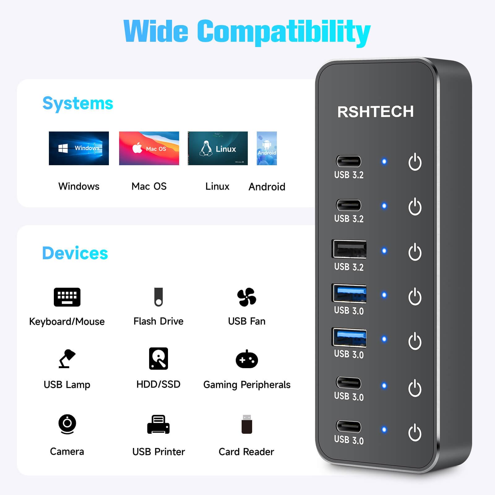 RSHTECH - Divisor de concentrador USB 3.2/USB-C de 7 puertos con 3 puertos USB 3.2 de 10 Gbps (2C + 1A), 4 puertos USB-3.0 (2C + 2A), cable de 3.2 pies, interruptores táctiles y adaptador de corriente