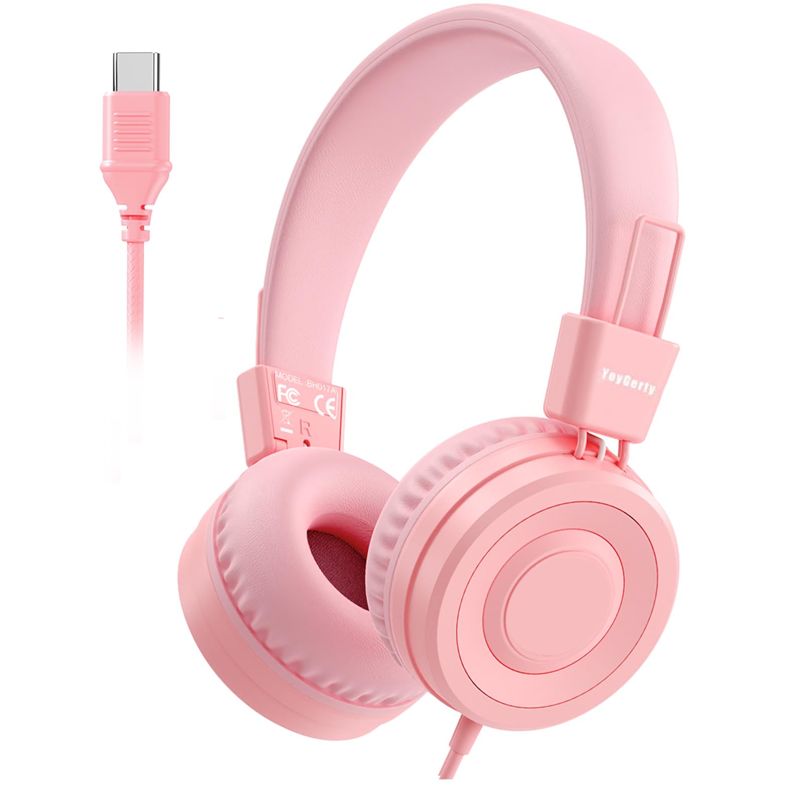 USB C Kids Headphones for School, Upgrade USB Type C Kid Headphone, 94 dB Volume Limiter Wired On-Ear Headset for Kids/Toddlers/Children/Teens/Boys/Girls-Pink