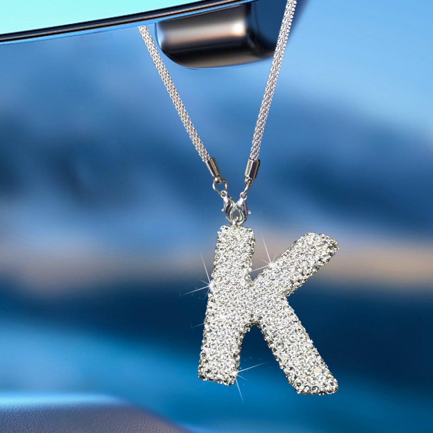 Bling Car Letter Charm, Rear View Mirror Ornament Cute Hanging Crystal Pendant Bling Car Accessories, Lucky Diamond Rhinestone Women Charm Auto Decoration (White K)