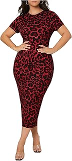 Women's Plus Size Leopard Print Short Sleeve Split Bodycon Long Dress - Buy now