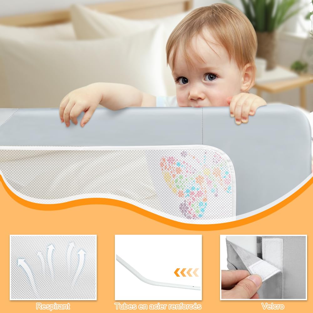 Homewell Portable Bed Rail 150 x 66-80 cm, Barrera de cama infantil plegable, altura ajustable, marco de metal, barrera de seguridad para niños, cama de matrimonio, poliéster (gris claro + gris oscuro