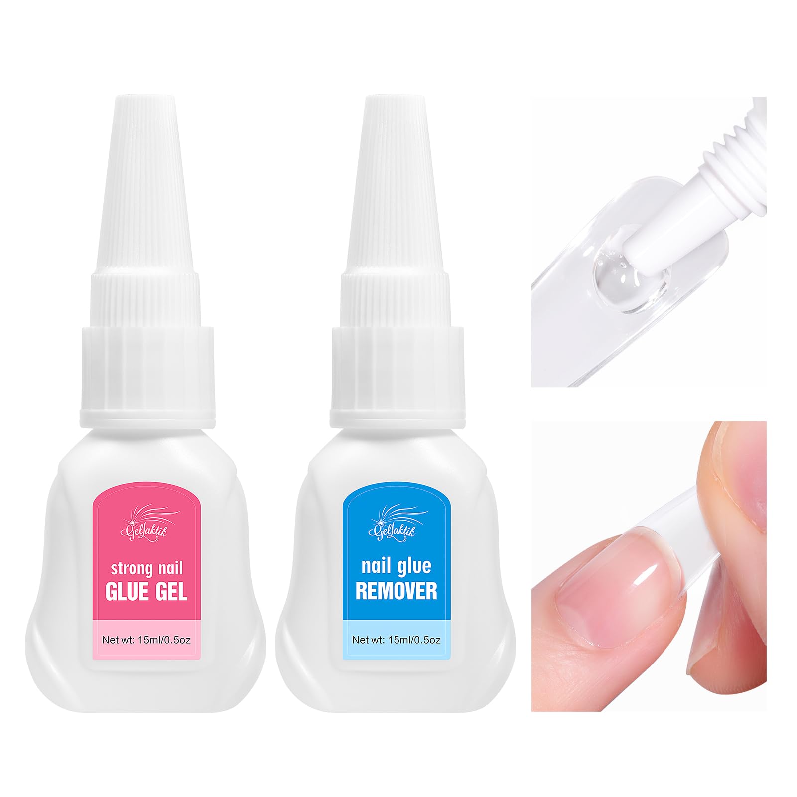 GELLAKTIK Newly Upgraded Quick Drying 15g Super Strong Nail Glue Gel with 15ml Nail Glue Remover for Press On Nails Tips No Need for UV Lamp - Long Lasting Over 30 Days?Dropper-Type Easily Remove Nail