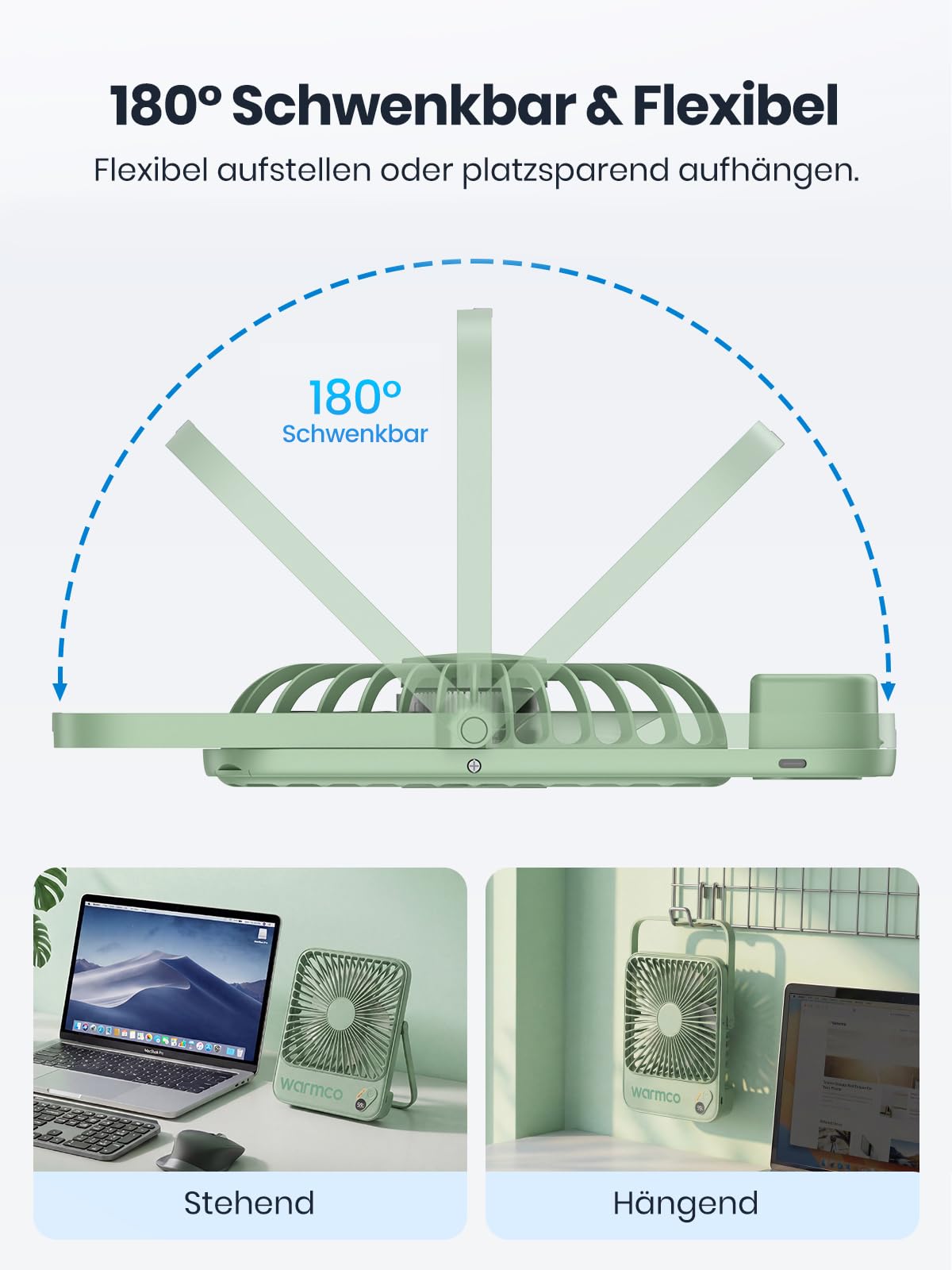 Warmco D3 Akku Ventilator 10000mAh, Tischventilator Leise, USB-C, LED-Anzeige, 4-Stufen Ventilator