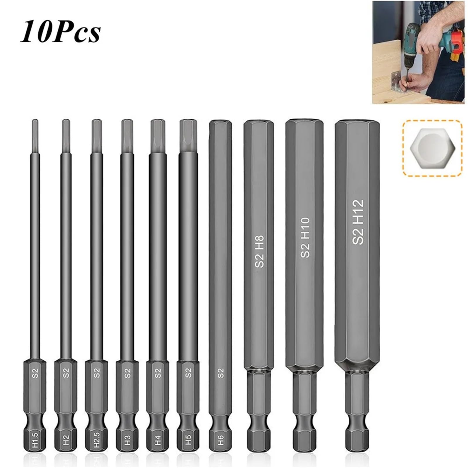 10Pcs 1.5-12mm 1/4 Inch Hex Head Allen Wrench Screwdriver Drill Bit Set Magnetic Tip 100mm S2 Steel Metric Hex Key Screwdriver