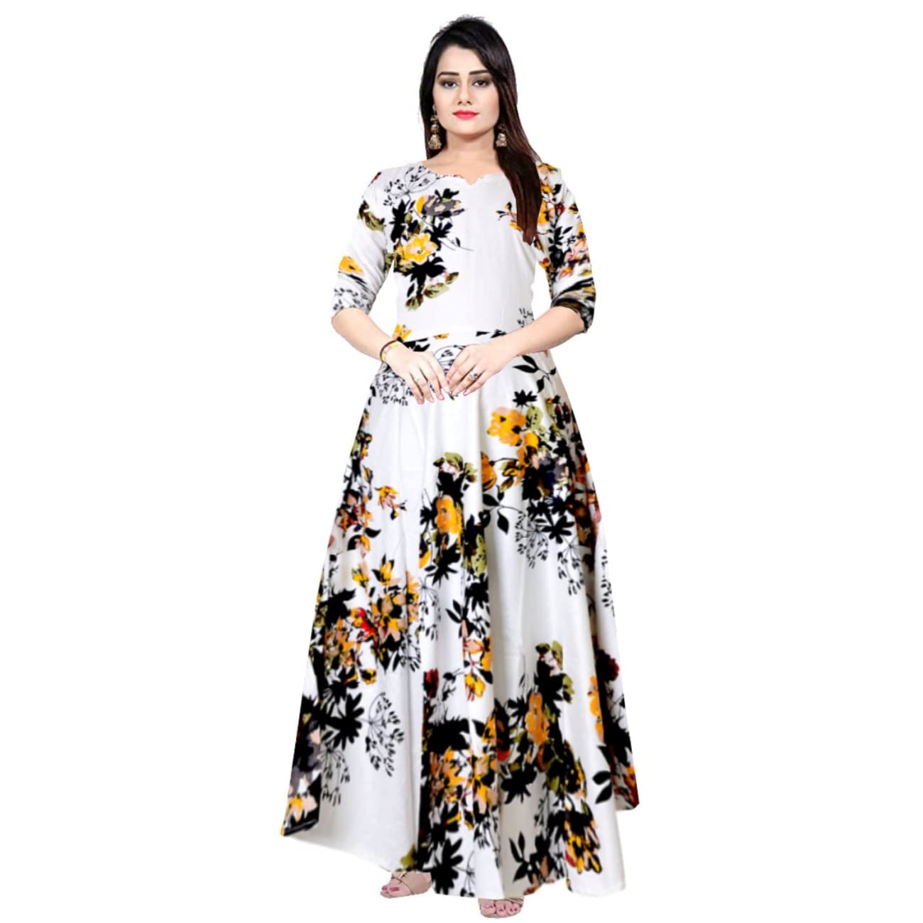 Women's Attractive Rayon Maxi Dress Round Neck Anarkali Long Gown Kurti for Women and Girls (Free Size Upto XXL) Yellow-image-7