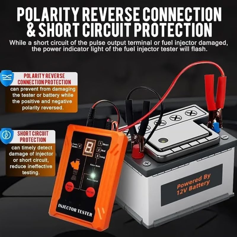 Professional 4-Mode Fuel Injector Tester & Cleaner – Pulse Modes, 12V Power, LED Display, DIY Fuel Injector Cleaner Tool, 8 Pulse Modes, with Test Lead, Short Circuit Protection