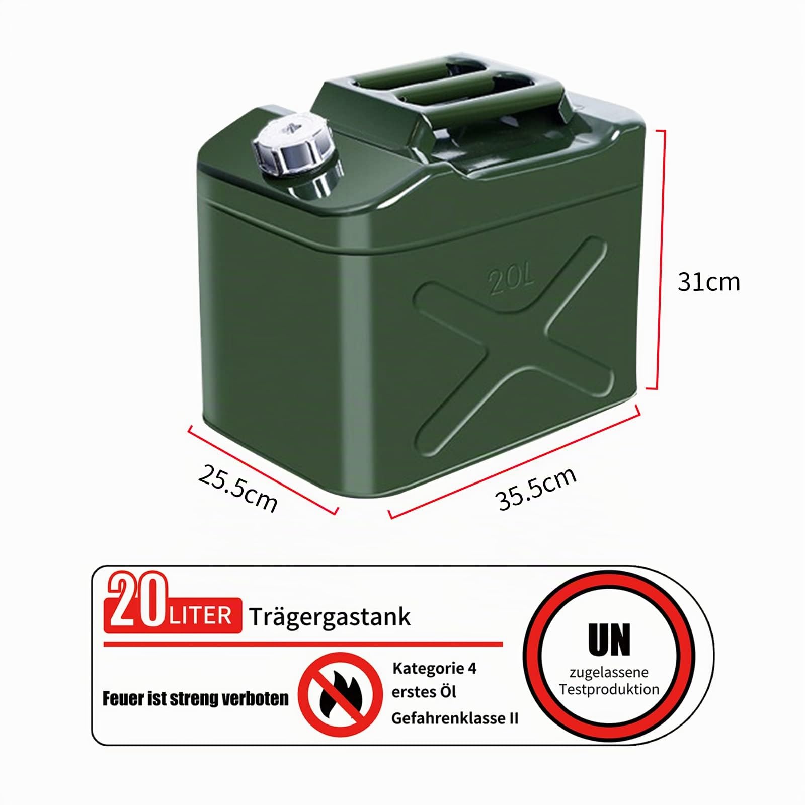 Latierra Jerrican en métal de 20 l avec bec verseur flexible, homologation ONU pour essence et diesel, vert