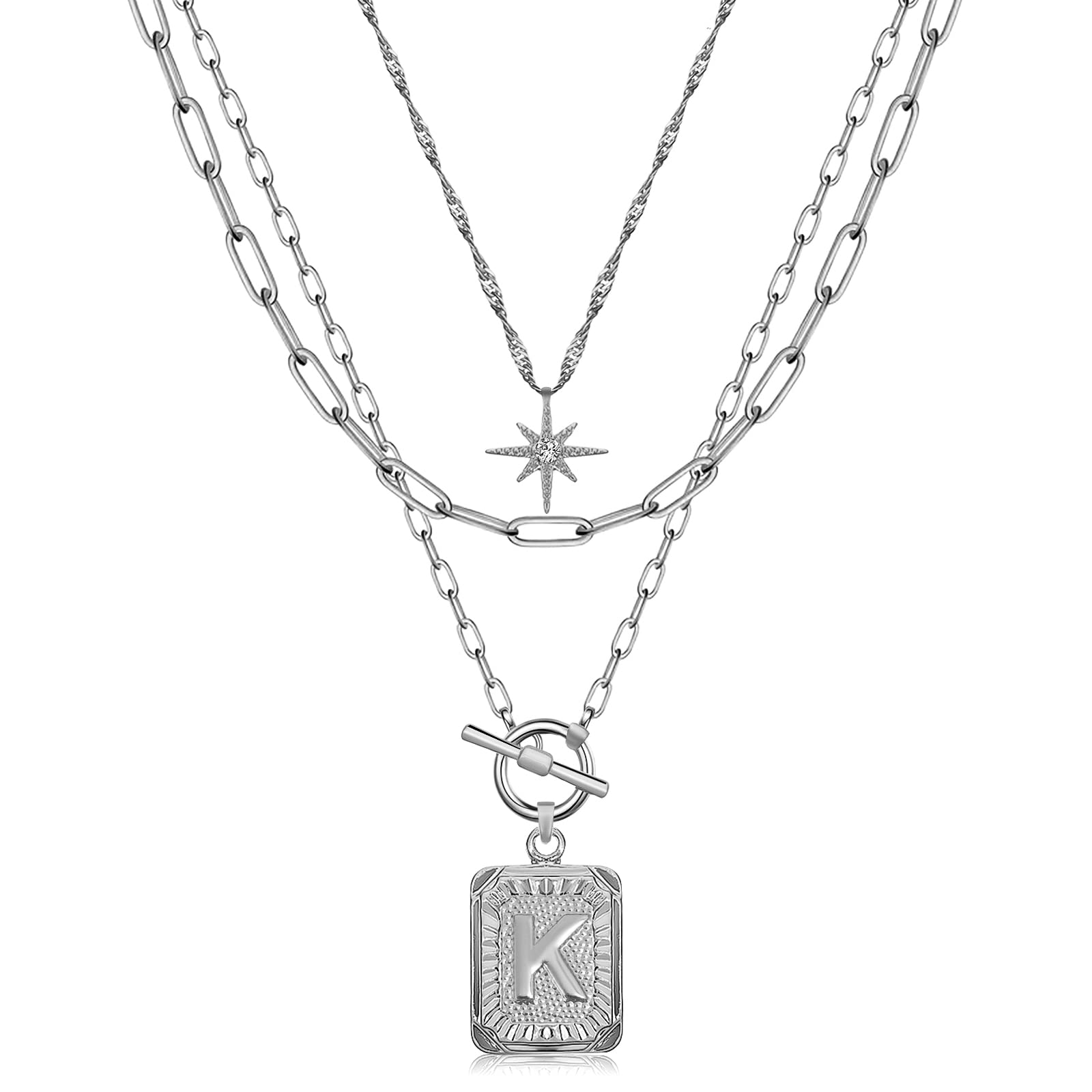 MJartoriaLayered Initial Necklaces for Women Trendy, 14K Gold Plated Simple Star Choker Square Letter Pendant Necklace, Paperclip Chain Necklace, Gold Necklaces Jewelry Gifts