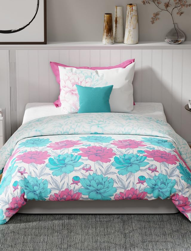Image of United Colors of Benetton Rainbow White Floral Cotton Single Bedsheet with 1 Pillow Cover | Skin-Friendly 144 TC Bedding Set | Soft & Breathable Bed Linen | 90 x 60 Inches