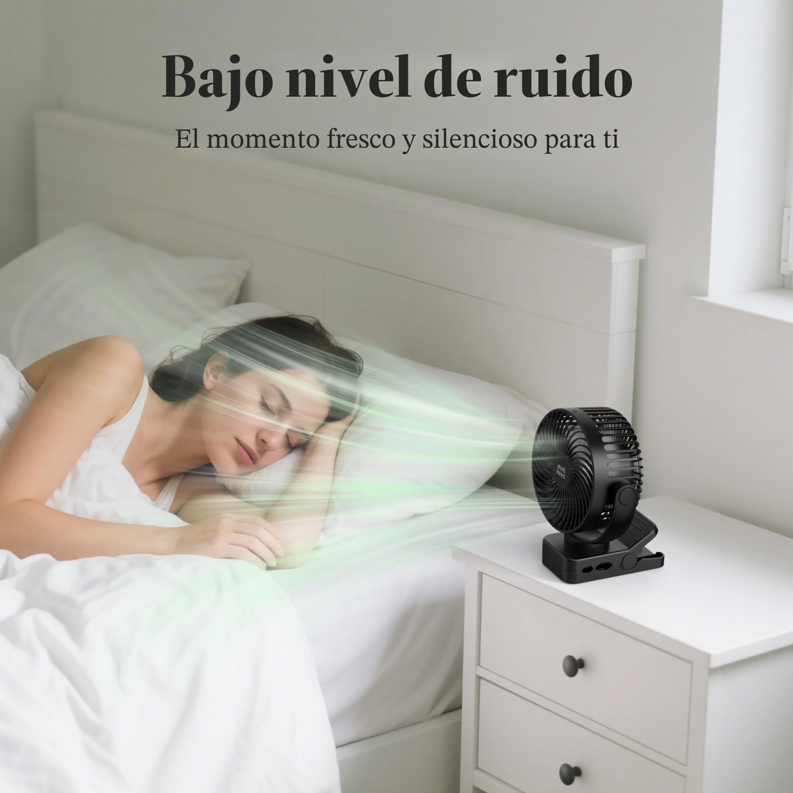 Minthouz Ventilador Portátil USB Recargable 12000mAh con Pinza, Mando a Distancia, 45H Autonomía, Silencioso, 3 Velocidades, Luz LED, Rotación 360°, Temporizador, para Escritorio, Camping y Cochecito