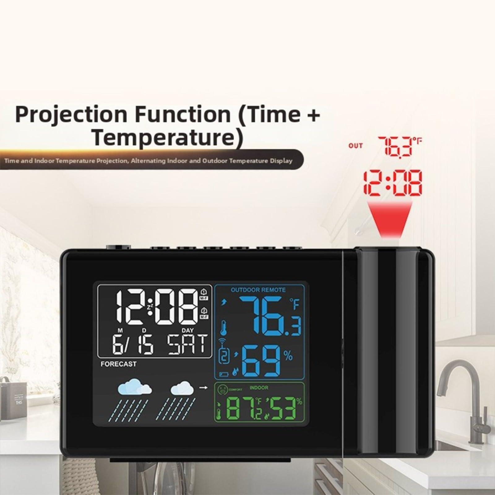Estación meteorológica inalámbrica con proyección de tiempo, reloj despertador digital, termómetro higrómetro, para ajustes de alarma dual, monitor de clima interior y exterior
