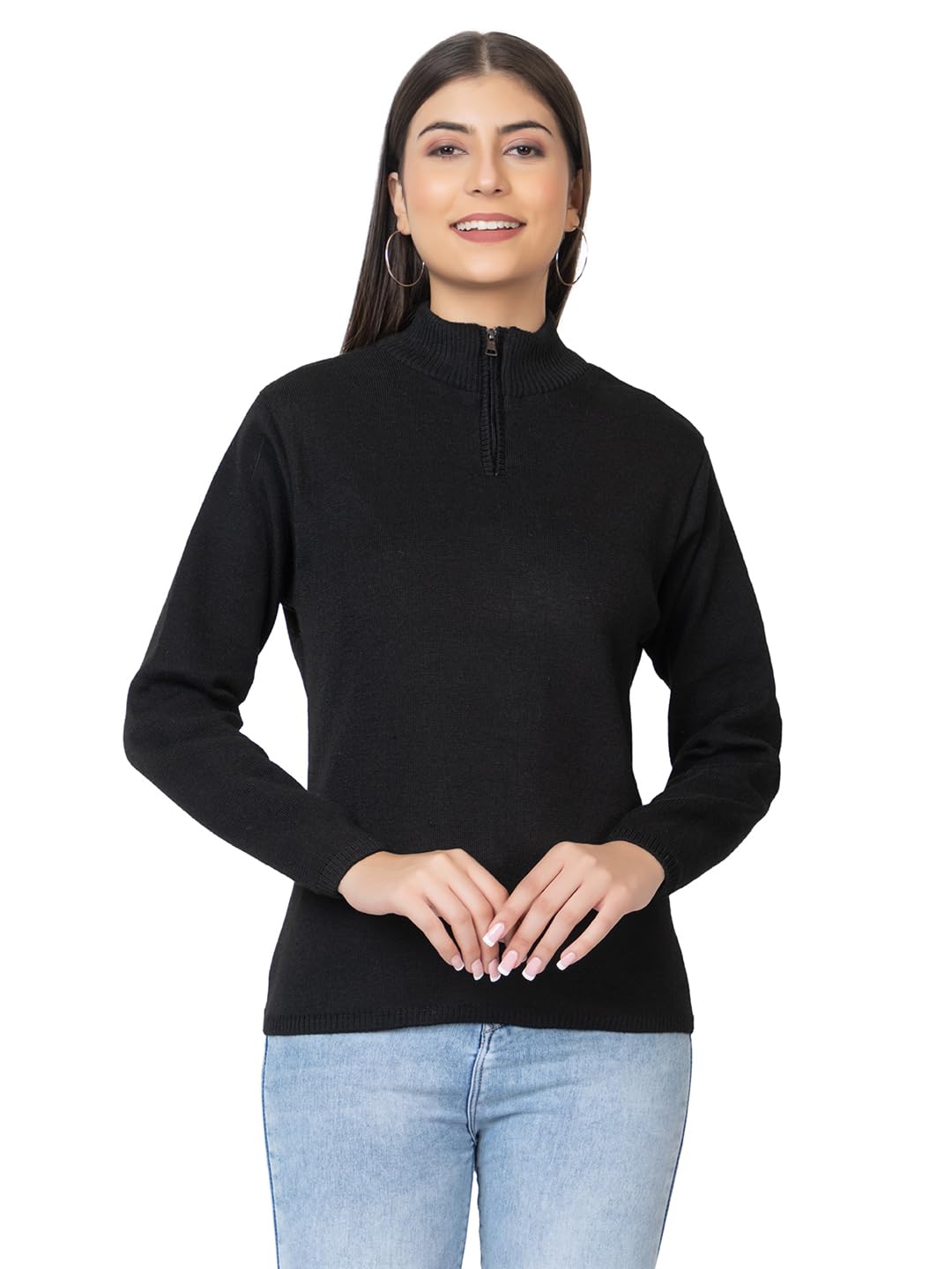 Zipper High Neck Woolen Sweater for Women