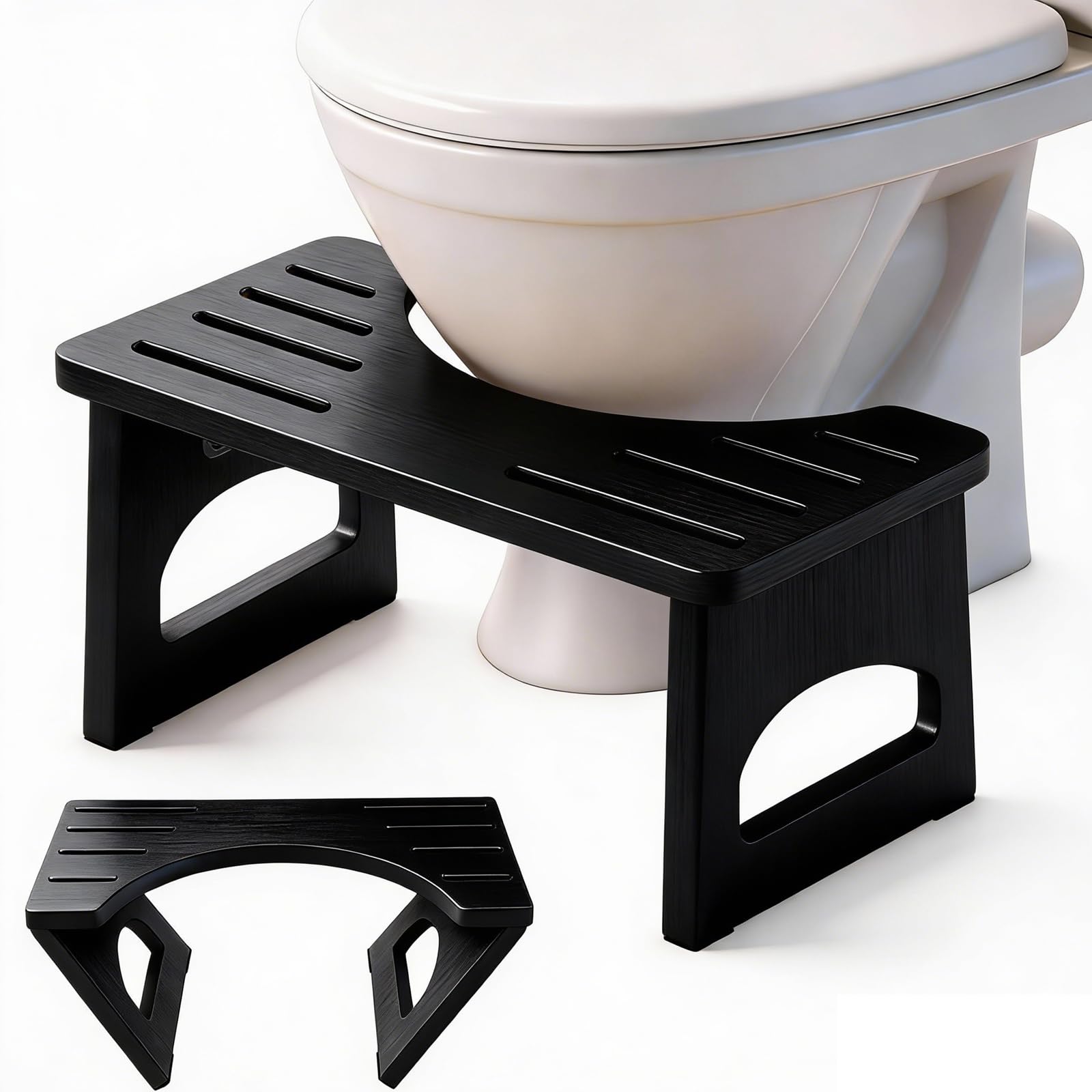 Foldable Toilet Stool, 7 Inch Poop Stool for Bathroom, Bamboo Toilet Stool Squat Adult, Collapsible Squatting Potty Stool with Non-Slip Strip - Improve Squatting Posture and Comfort, Black