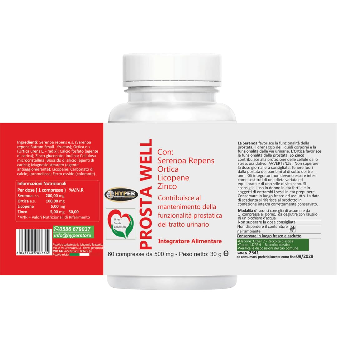 Prosta Well Integratore Benessere Salute Favorisce la Funzionalità della Prostata e delle Vie Urinarie con Serenoa Repens Ortica Licopene Zinco Alto Dosaggio 240 Compresse Prodotto in Italia