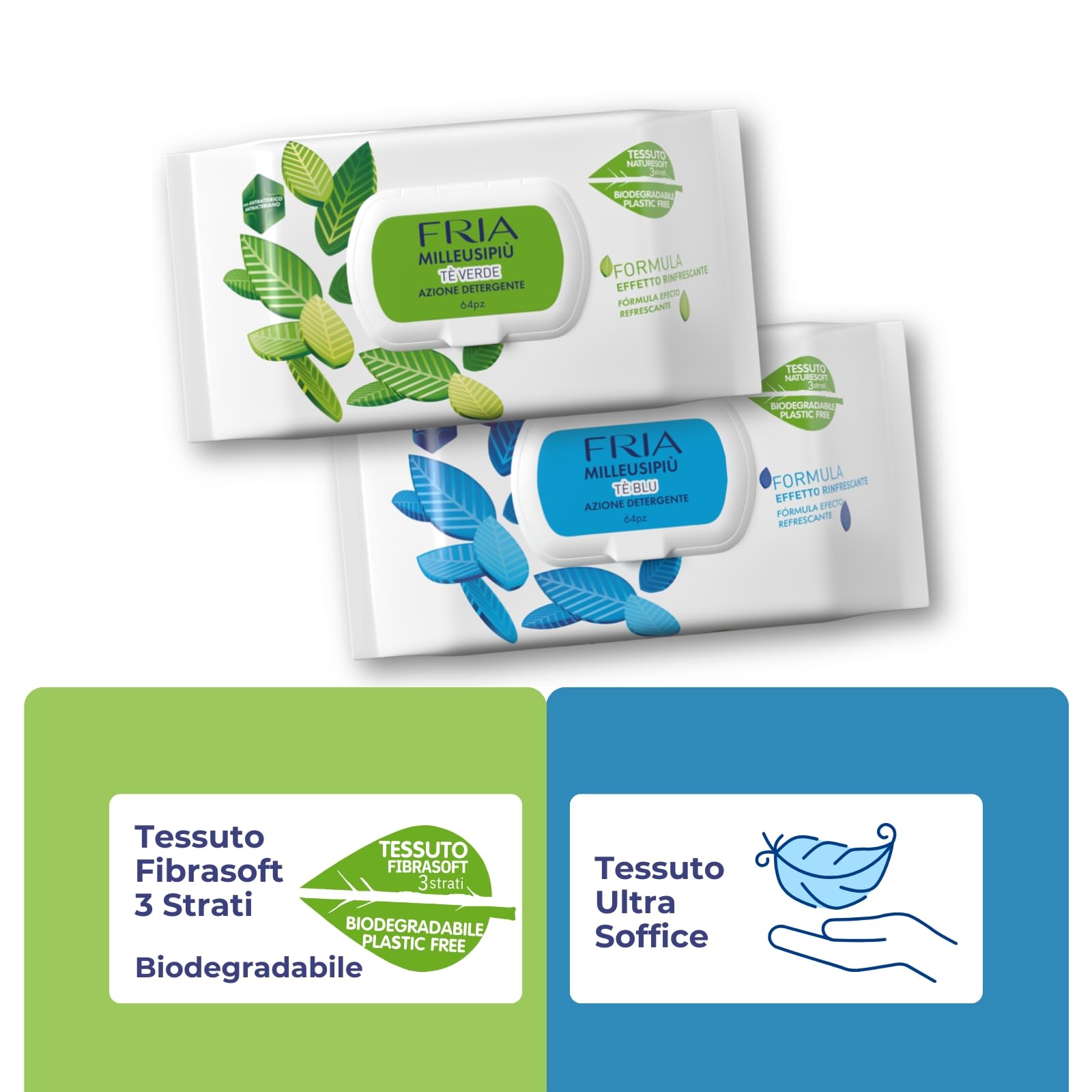 MilleusiPiù Tè Verde & Tè Blu Salviette Multiuso Rinfrescanti Antibatterico Tessuto Fibrasoft 3 Strati Biodegradabile 64 Salviette