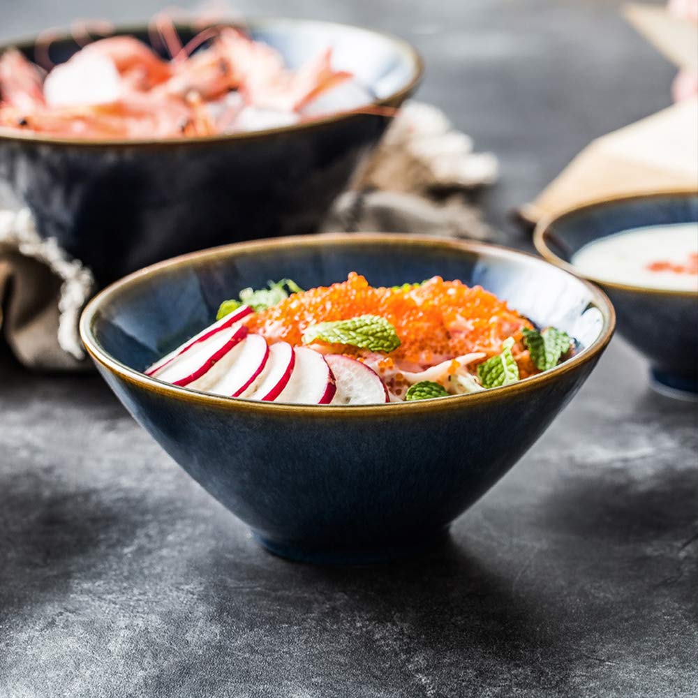 Hochwertige japanische Suppenschale aus Keramik, 2-teilig, mit 2 Holzlöffeln, für Obstsalat, Ramen, Instantnudeln, für Udon, Soba, Pho, asiatische Nudeln, Müsli