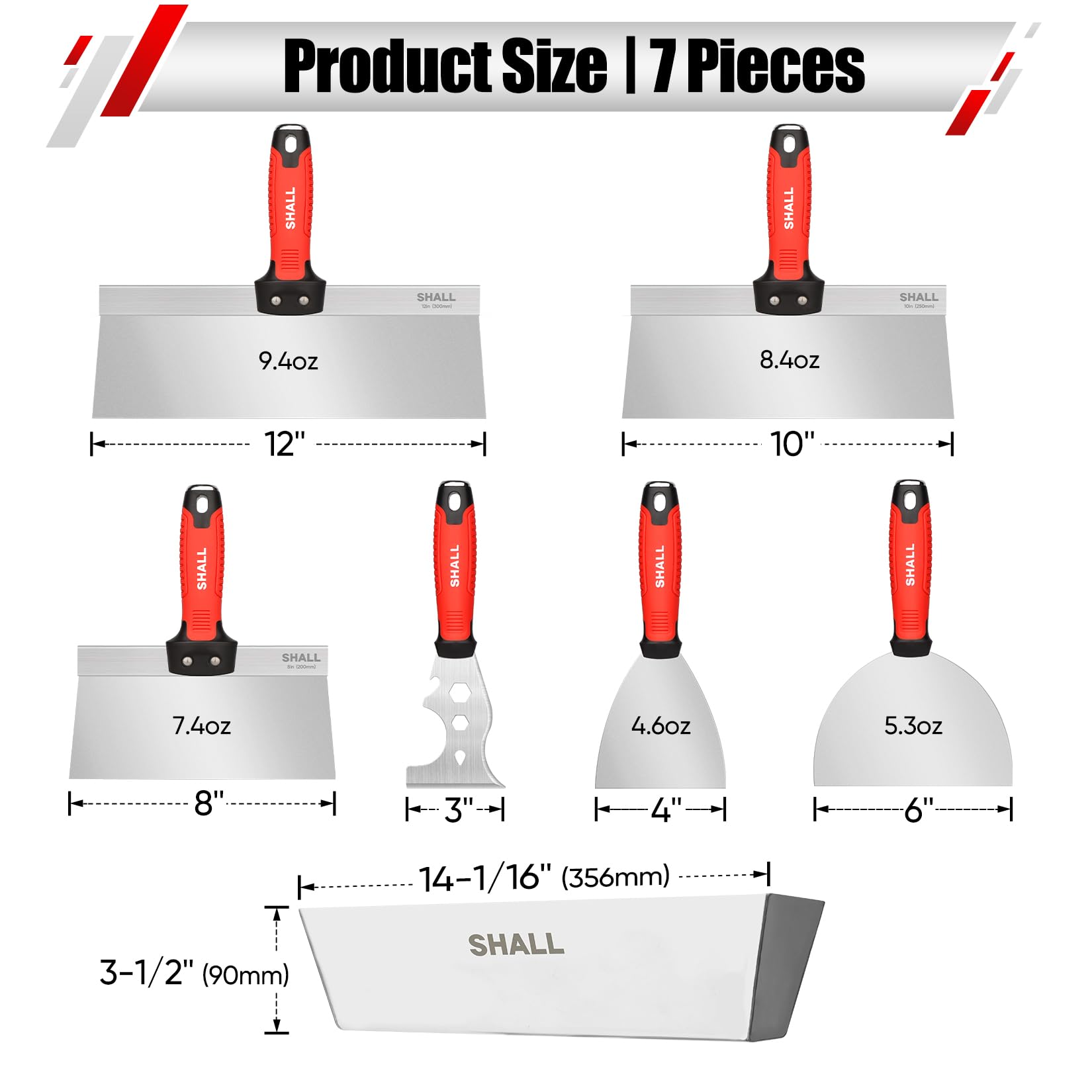 SHALL Drywall Tool Kit, 7 Pcs Stainless Steel Set Includes Putty Knife, Taping Knife, Painter Scraper Tool & 12" Mud Pan for Joint Taping, Finishing, Patching