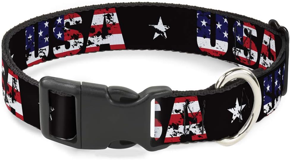 Buckle-Down Plastic Clip Collar - USA w/Star Black/US Flags - 1.5" Wide - Fits 13-18" Neck - Small