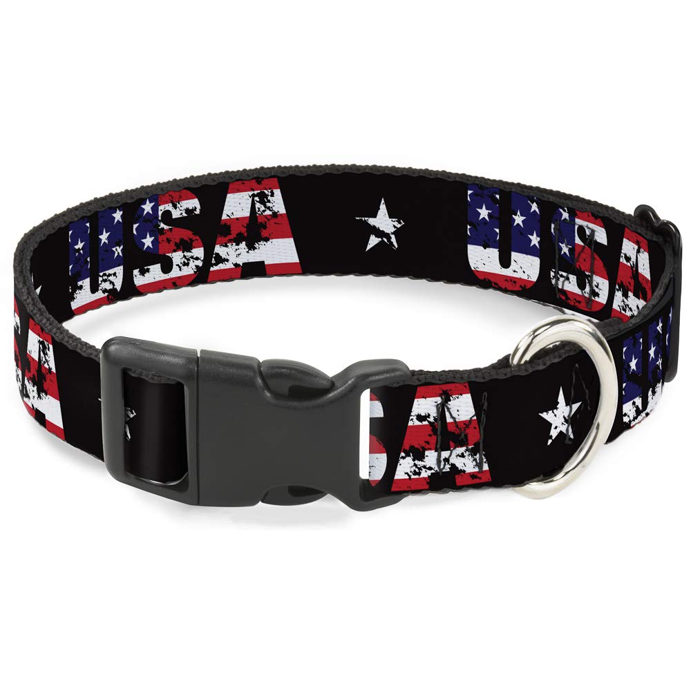 Buckle-Down Plastic Clip Collar - USA w/Star Black/US Flags - 1.5" Wide - Fits 18-32" Neck - Large