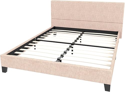 Miniatura 10 de Cama de plataforma tapizada tamaño individual con cabecero copetudo, marco de cama de lino moderno, soporte de listones de madera, no necesita Azul