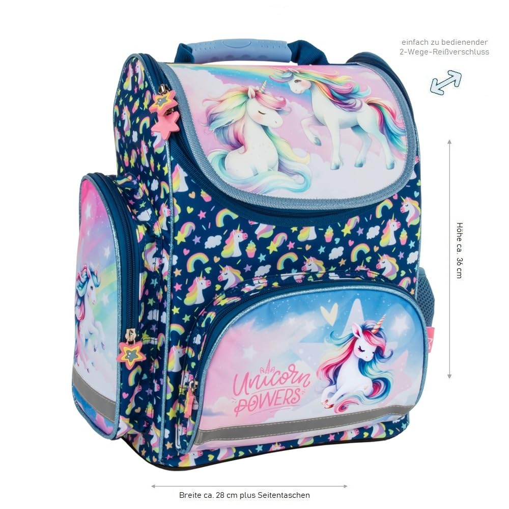 Familando - Schulranzen Set - 8-teilig mit Federmappe - Einhorn Regenbogen - Ergonomisch, stabil & mit gepolstertem Rücken - 1010g leicht - 18L Volumen - Mit Reflektoren - Für Grundschule ab 1. Klasse