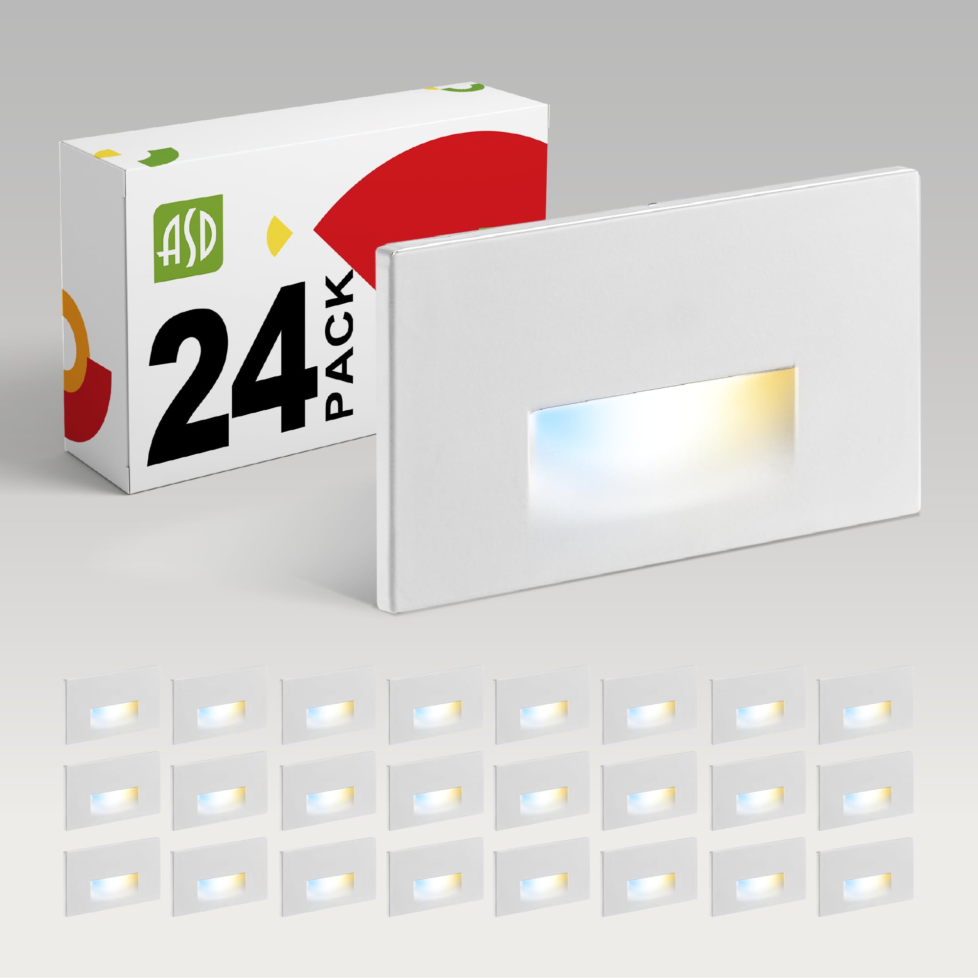 ASD LED Recessed Step Light Fixture, Outdoor &amp; Indoor Stair Tread Lighting | 3CCT, Dimmable, Waterproof, ETL Listed | 3W 120LM 3000K-5000K 120V | Staircase Hardwired Illumination | White, 24 Pack