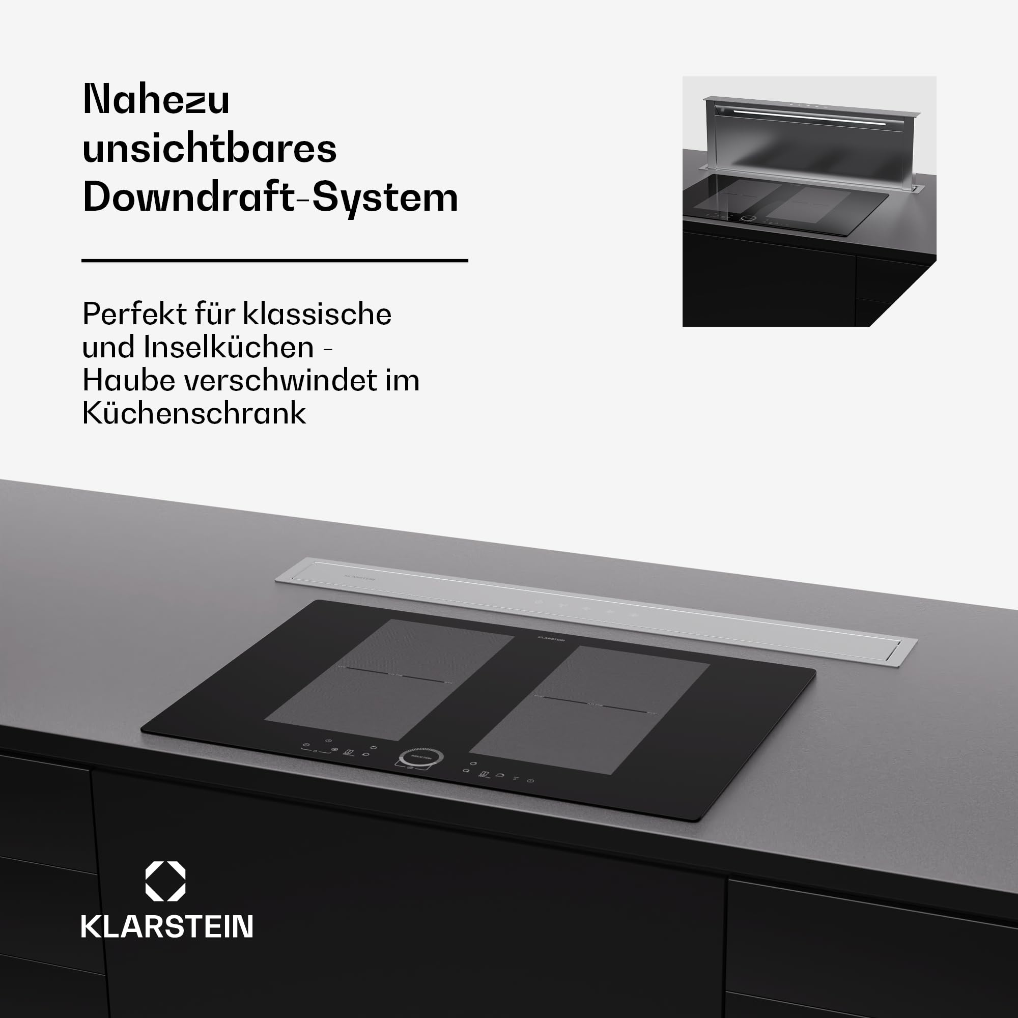 Klarstein Downdraft-Dunstabzugshaube 90cm, Versenkbare Abluft/Umluft, 576m³/h, LED, Touch-Bedienfeld