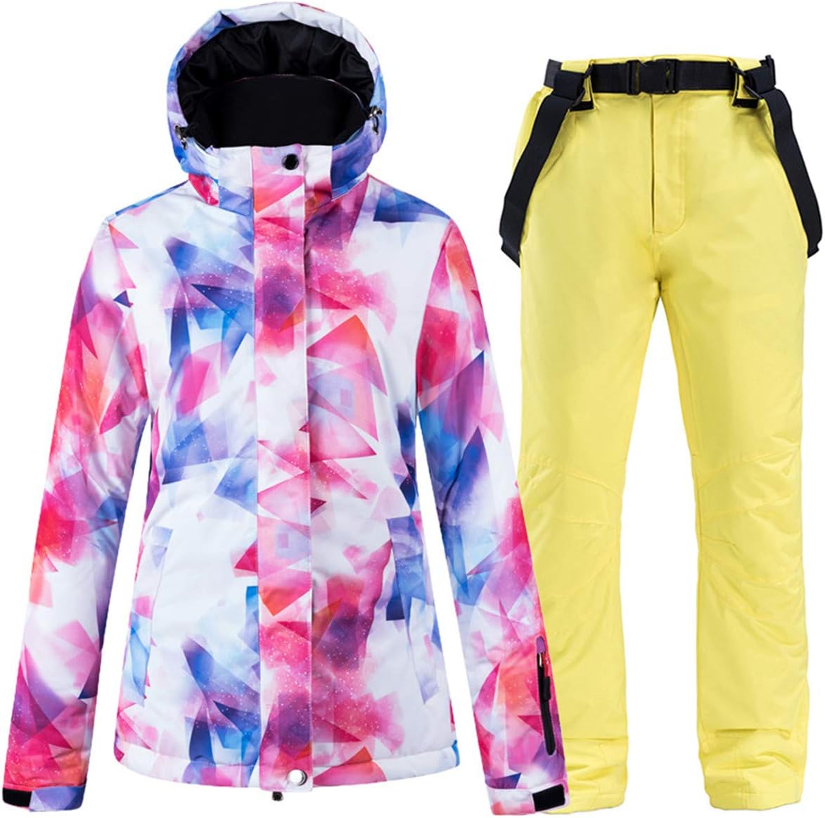 2 Pcs Women's Ski Jacket Outdoor Mountain Windproof Waterproof Rose Snow Snowboard Coat with Ski Bib Pants Set