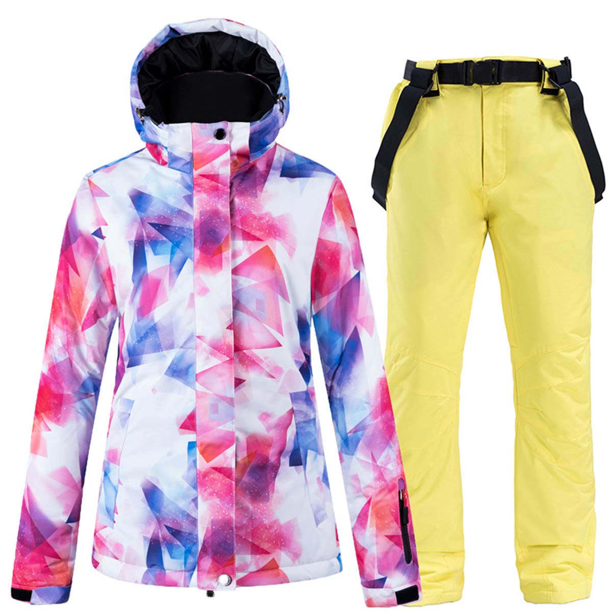 2 Pcs Women's Ski Jacket Outdoor Mountain Windproof Waterproof Rose Snow Snowboard Coat with Ski Bib Pants Set L