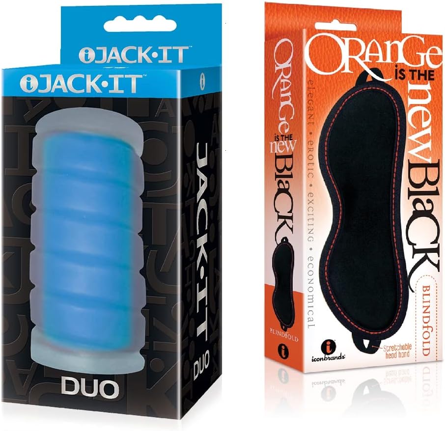 Sexy Gift Set of Jack-It Duo, Sky Blue and Icon Brands Orange is The New Black, Blindfold